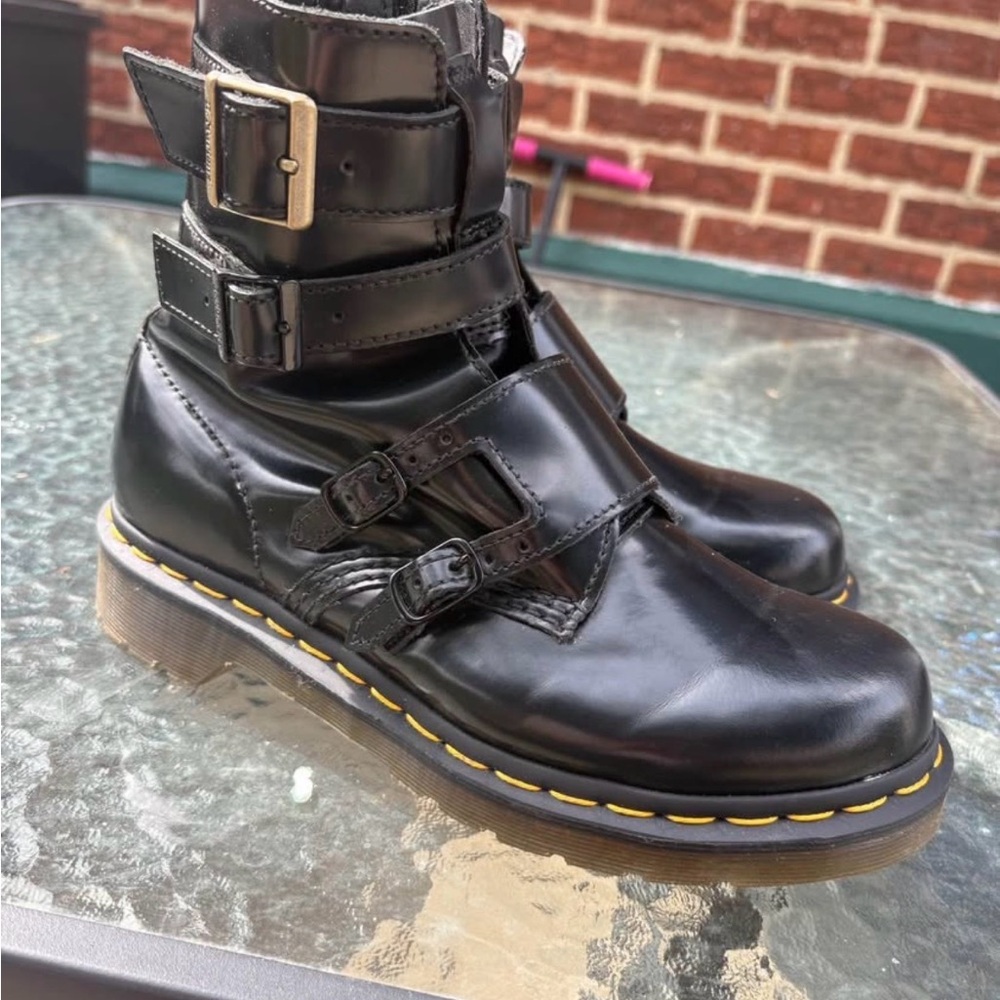 Dr. Martens Black Leather Moto Boots with Buckles